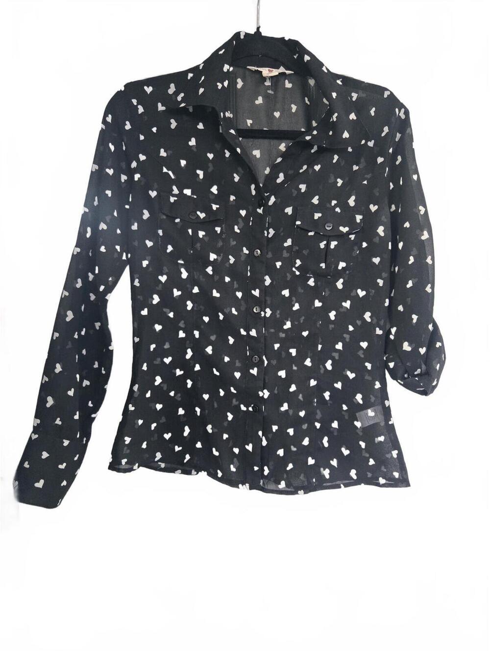 Derek Heart Black Heart Print Sheer Button-Up Blouse Size M